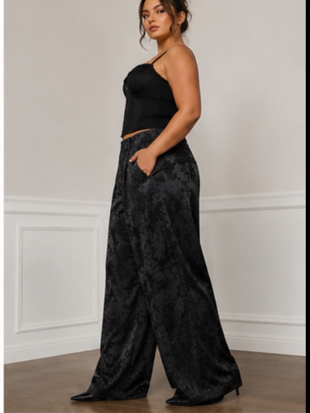 CIDER Black Floral Jacquard Wide Leg Pants Trousers Statement XL
